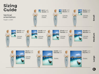 Find the perfect fit with our vertical sizing guide. The canvas and poster options range in size. See how this aerial ocean artwork transforms spaces. Sizes range from small to large. Choose the ideal coastal landscape wall art for your beach house. Envision sailboats in turquoise waters.