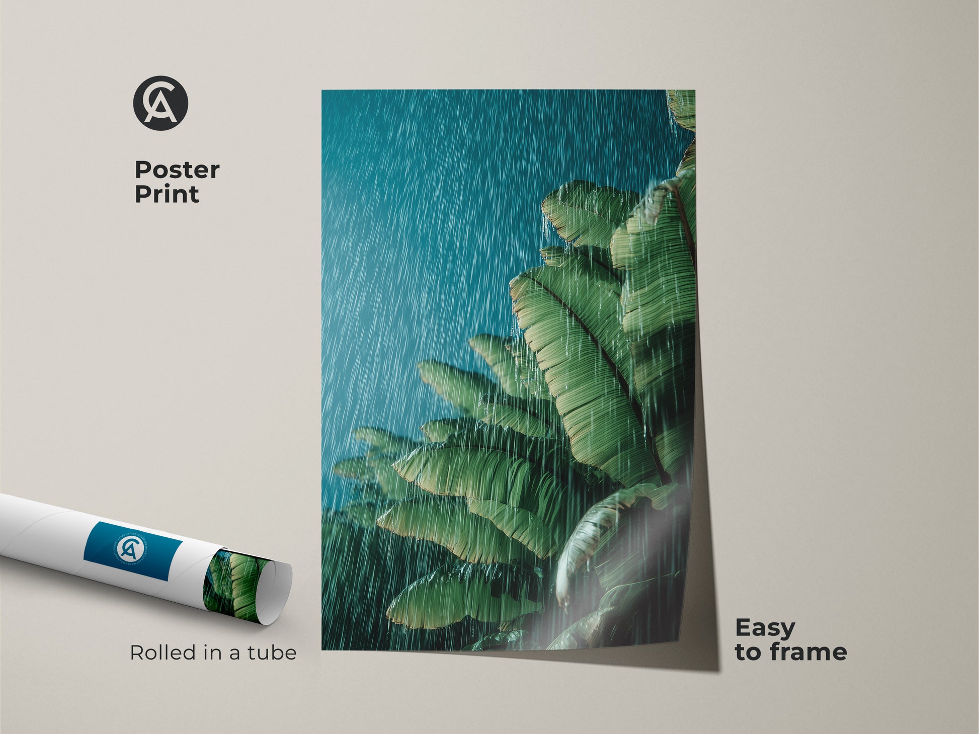 Poster print of green teal tropical art featuring banana leaves in rain. This botanical artwork is easy to frame. Rolled in a tube for protection. The boho plant lover gift is perfect for housewarming tropical decor. Nature-inspired wall art adds a touch of tranquility to any room.