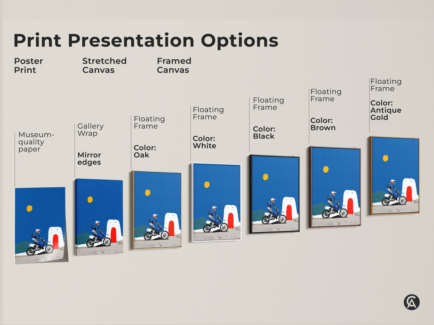 Explore print presentation options for the Motocross Rider artwork. Choose from poster prints to stretched canvas and framed canvas. Options include gallery wrap and floating frames. Various colors are available. Find your perfect style.