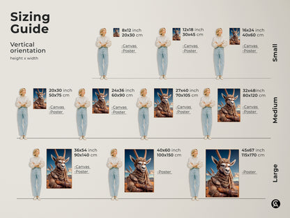 Sizing guide for vertical tribal gazelle canvas and poster art. Sizes vary from 8x12 to 45x67 inches. Perfect for small medium and large spaces. Eclectic animal wall art to suit any room size from office to living room.