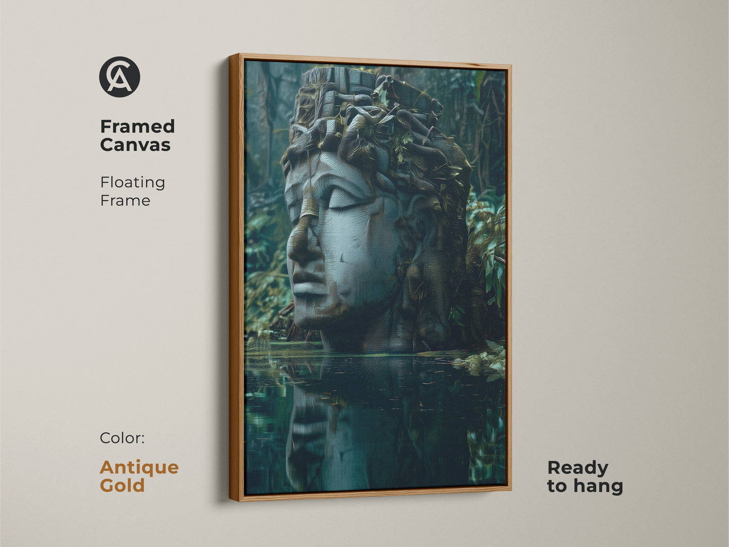 Antique Gold framed canvas featuring surrealist sculpture art. The mythology head wall art has deep blues grays and greens. Ready to hang dark academia canvas print with a floating frame. It's a great housewarming gift.