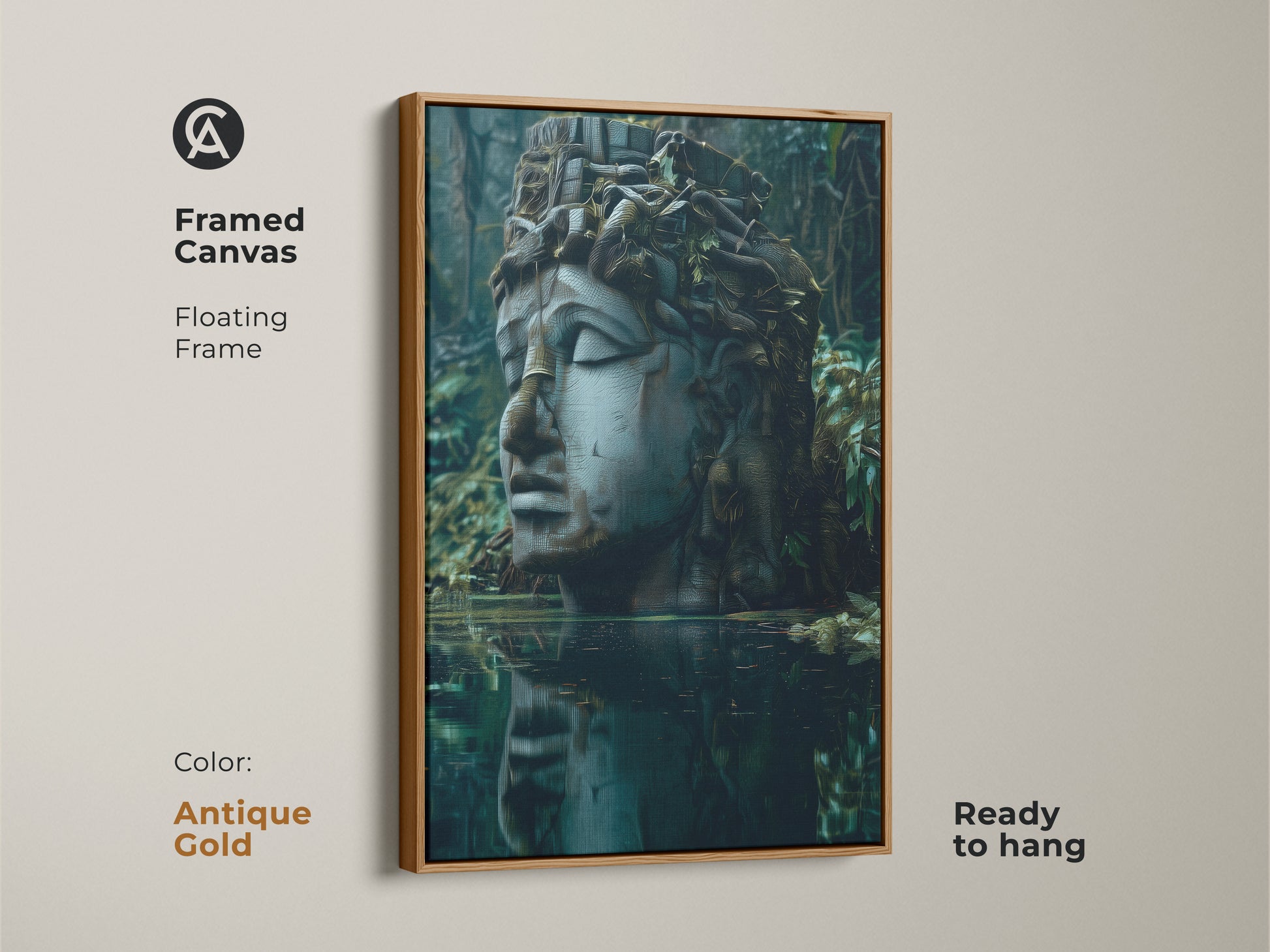Antique Gold framed canvas featuring surrealist sculpture art. The mythology head wall art has deep blues grays and greens. Ready to hang dark academia canvas print with a floating frame. It's a great housewarming gift.