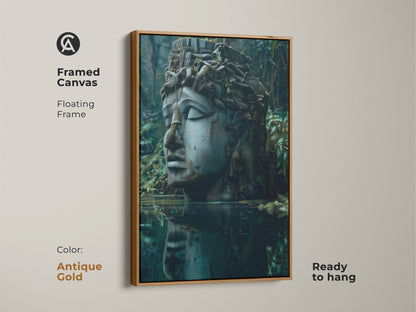 Antique Gold framed canvas featuring surrealist sculpture art. The mythology head wall art has deep blues grays and greens. Ready to hang dark academia canvas print with a floating frame. It's a great housewarming gift.