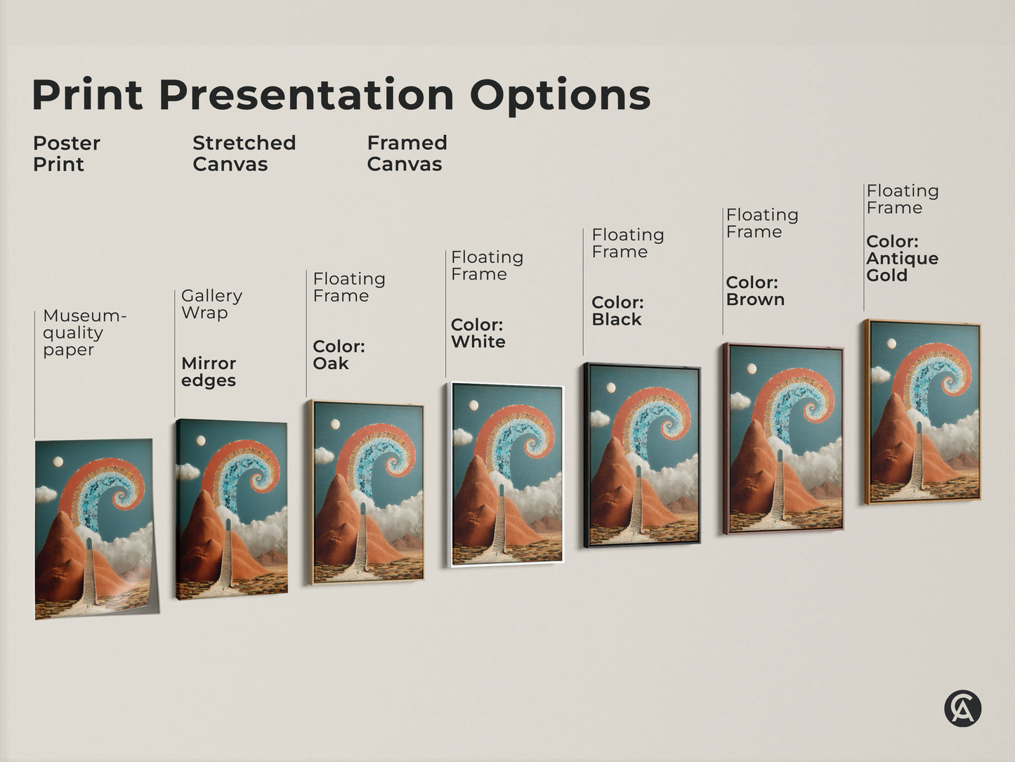 Explore print presentation options for abstract surreal artwork. Choose poster stretched or framed canvas for the Stairway to Archway art. Various framing colors available. Find the perfect spiritual and eclectic wall decor to enhance your space. Perfect new beginning art print.