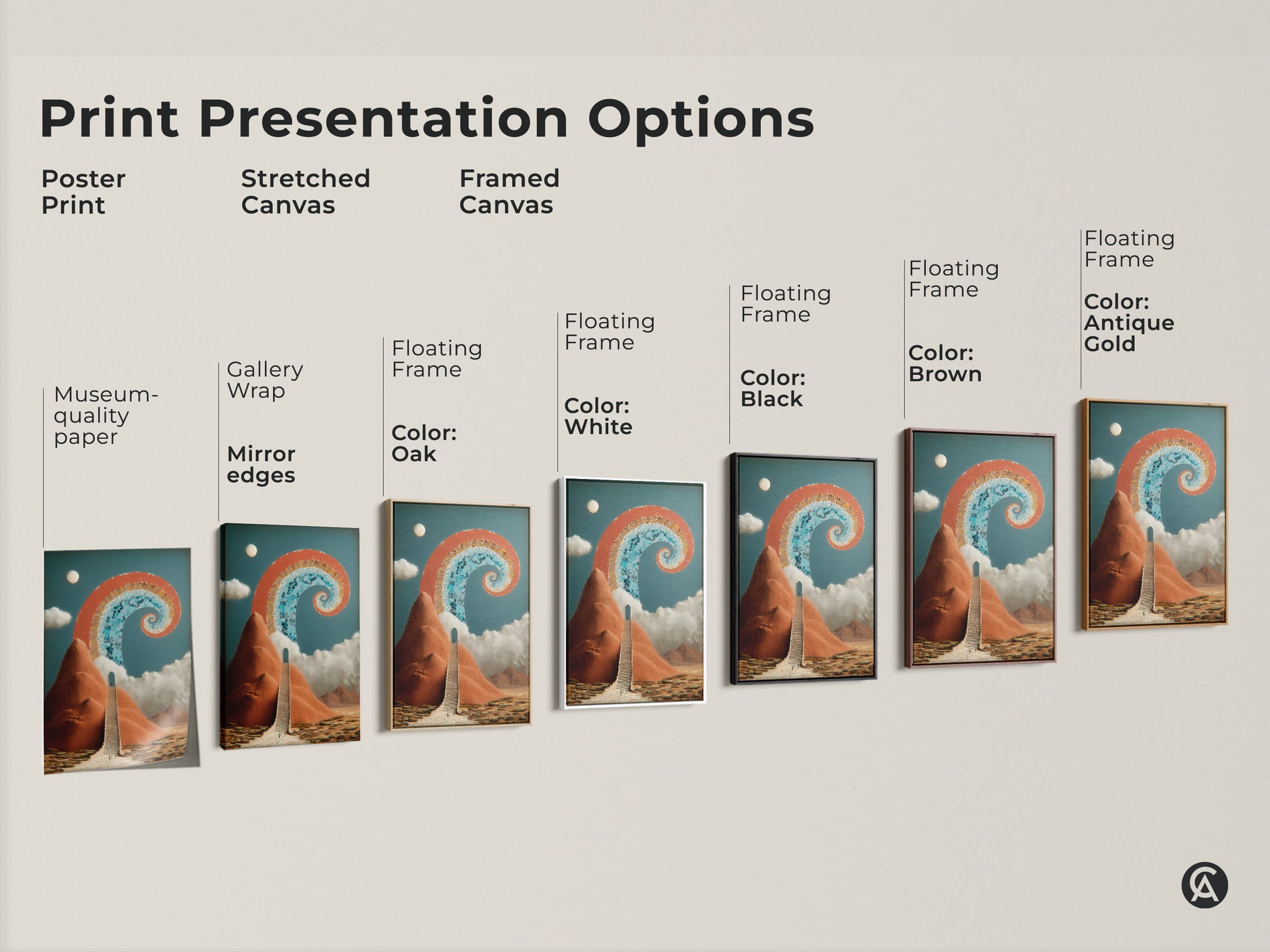 Explore print presentation options for abstract surreal artwork. Choose poster stretched or framed canvas for the Stairway to Archway art. Various framing colors available. Find the perfect spiritual and eclectic wall decor to enhance your space. Perfect new beginning art print.