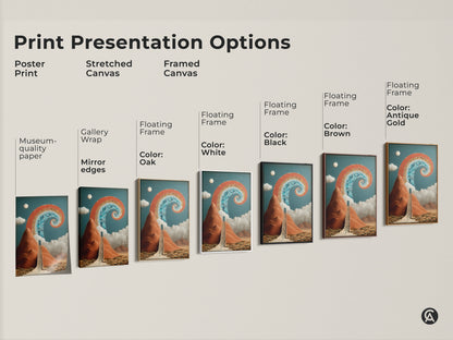 Explore print presentation options for abstract surreal artwork. Choose poster stretched or framed canvas for the Stairway to Archway art. Various framing colors available. Find the perfect spiritual and eclectic wall decor to enhance your space. Perfect new beginning art print.