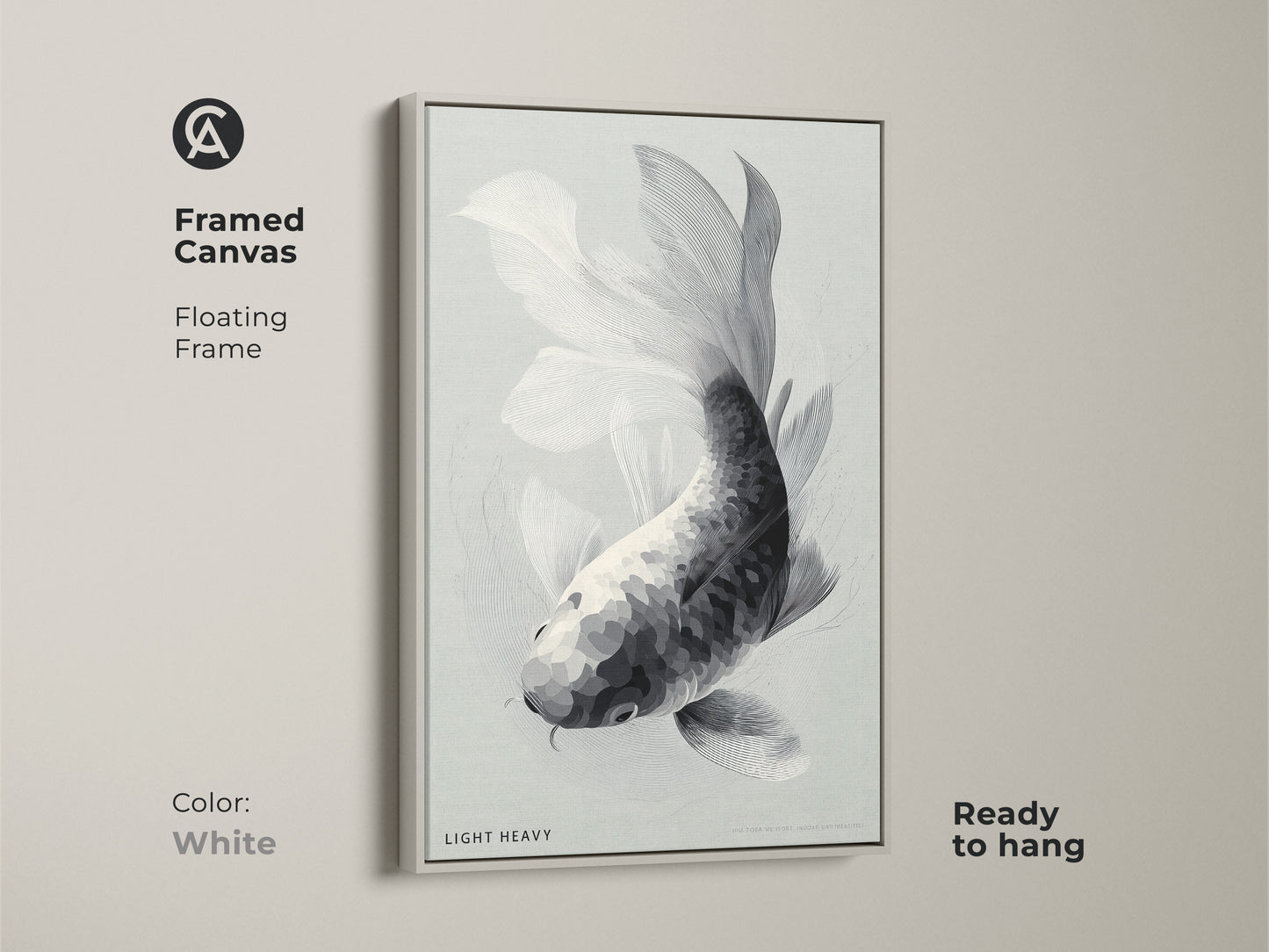 Framed canvas art showcasing a monochrome koi fish. The floating frame is white. This ready to hang artwork offers a clean modern look. The simple color palette complements any room. Bring minimalist elegance to your decor with this fish art.