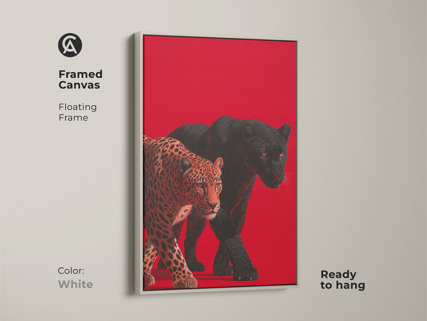 A framed canvas with a white floating frame showcases a leopard and black panther. This ready-to-hang wildlife art offers a clean modern aesthetic. The contrasting colors make a bold statement. This fine art print enhances any room.