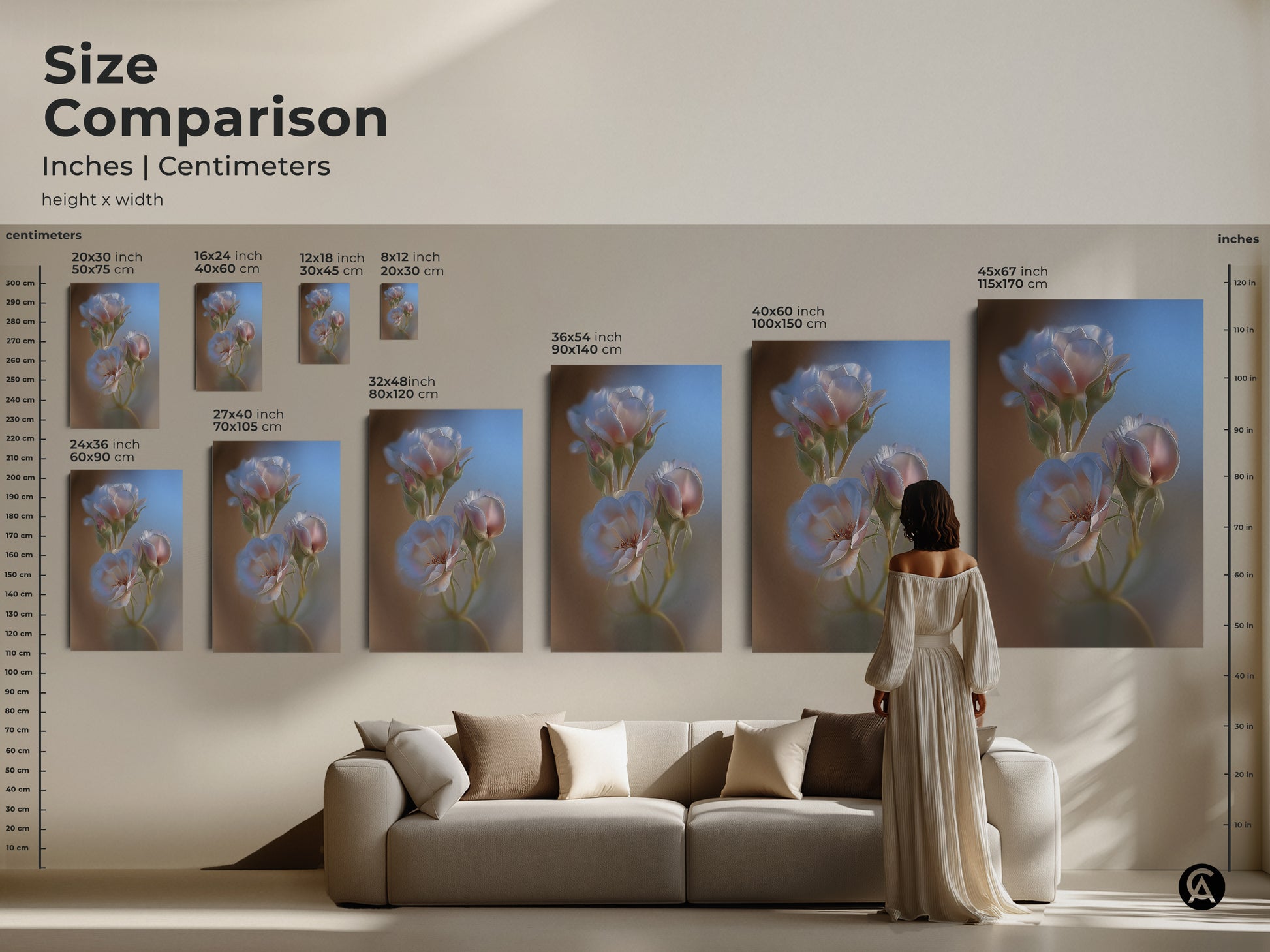 A size comparison of botanical rose prints in inches and centimeters. The artwork is displayed in various sizes above a sofa. Sizes range from small to large. This helps visualize the artwork's impact in a living room setting.