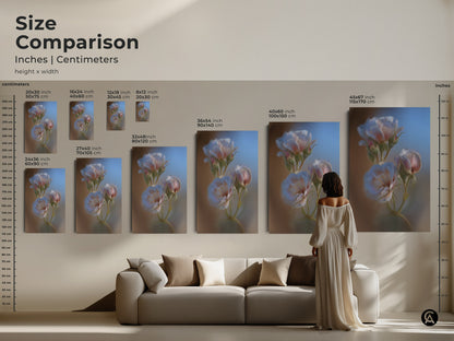 A size comparison of botanical rose prints in inches and centimeters. The artwork is displayed in various sizes above a sofa. Sizes range from small to large. This helps visualize the artwork's impact in a living room setting.