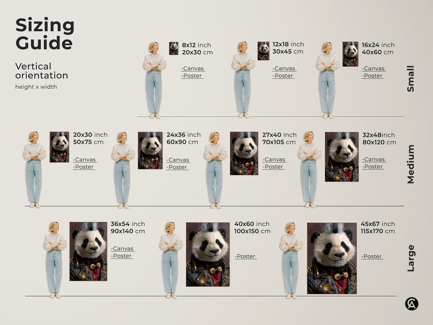 Sizing Guide showing various vertical orientation sizes for the Punk Rock Panda art. Available in canvas and poster formats. This visual guide helps you choose the perfect size for your space. These range from small to large prints. This makes it easy to match to your style.
