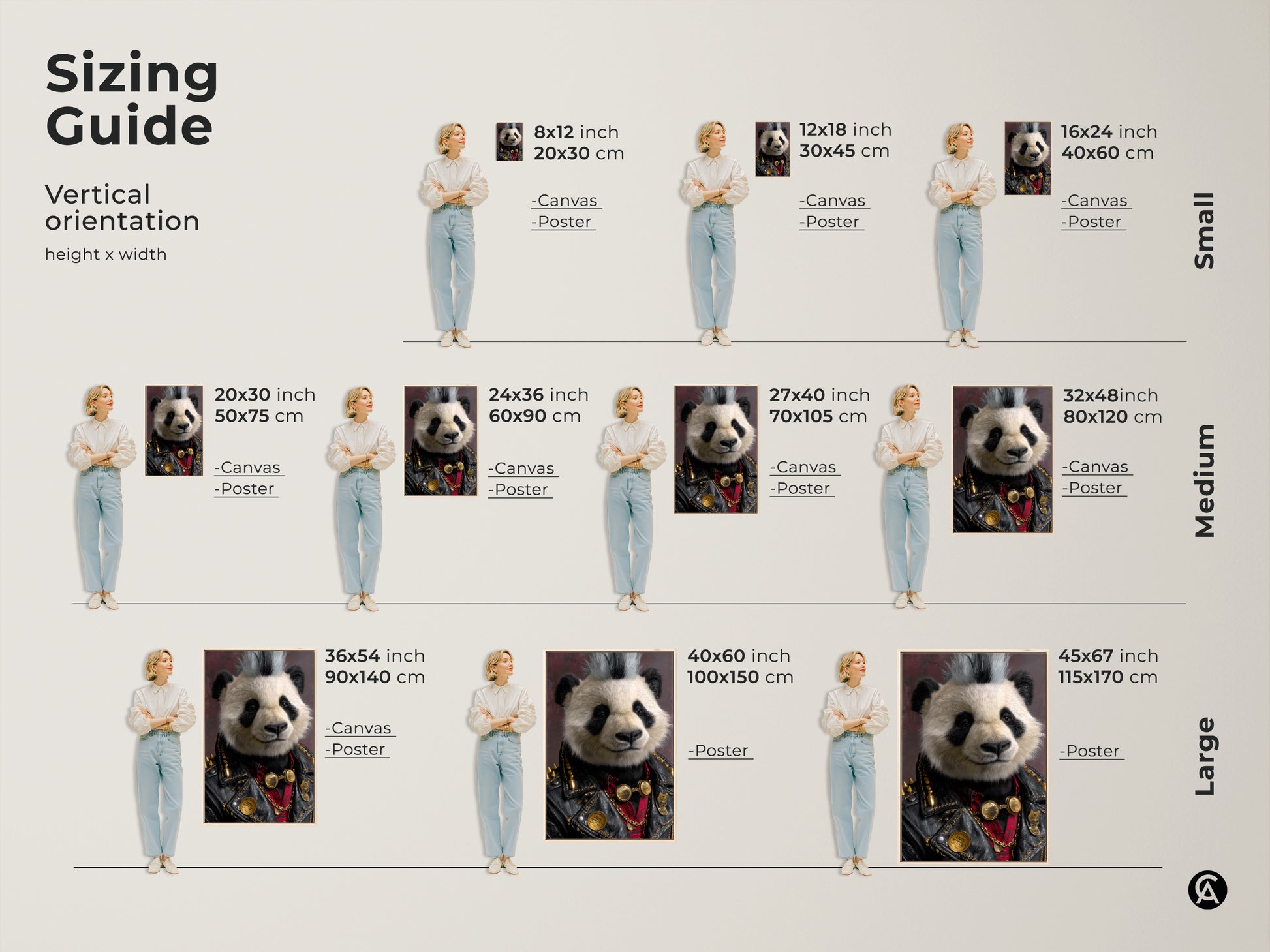 Sizing Guide showing various vertical orientation sizes for the Punk Rock Panda art. Available in canvas and poster formats. This visual guide helps you choose the perfect size for your space. These range from small to large prints. This makes it easy to match to your style.