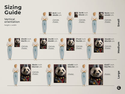Sizing Guide showing various vertical orientation sizes for the Punk Rock Panda art. Available in canvas and poster formats. This visual guide helps you choose the perfect size for your space. These range from small to large prints. This makes it easy to match to your style.