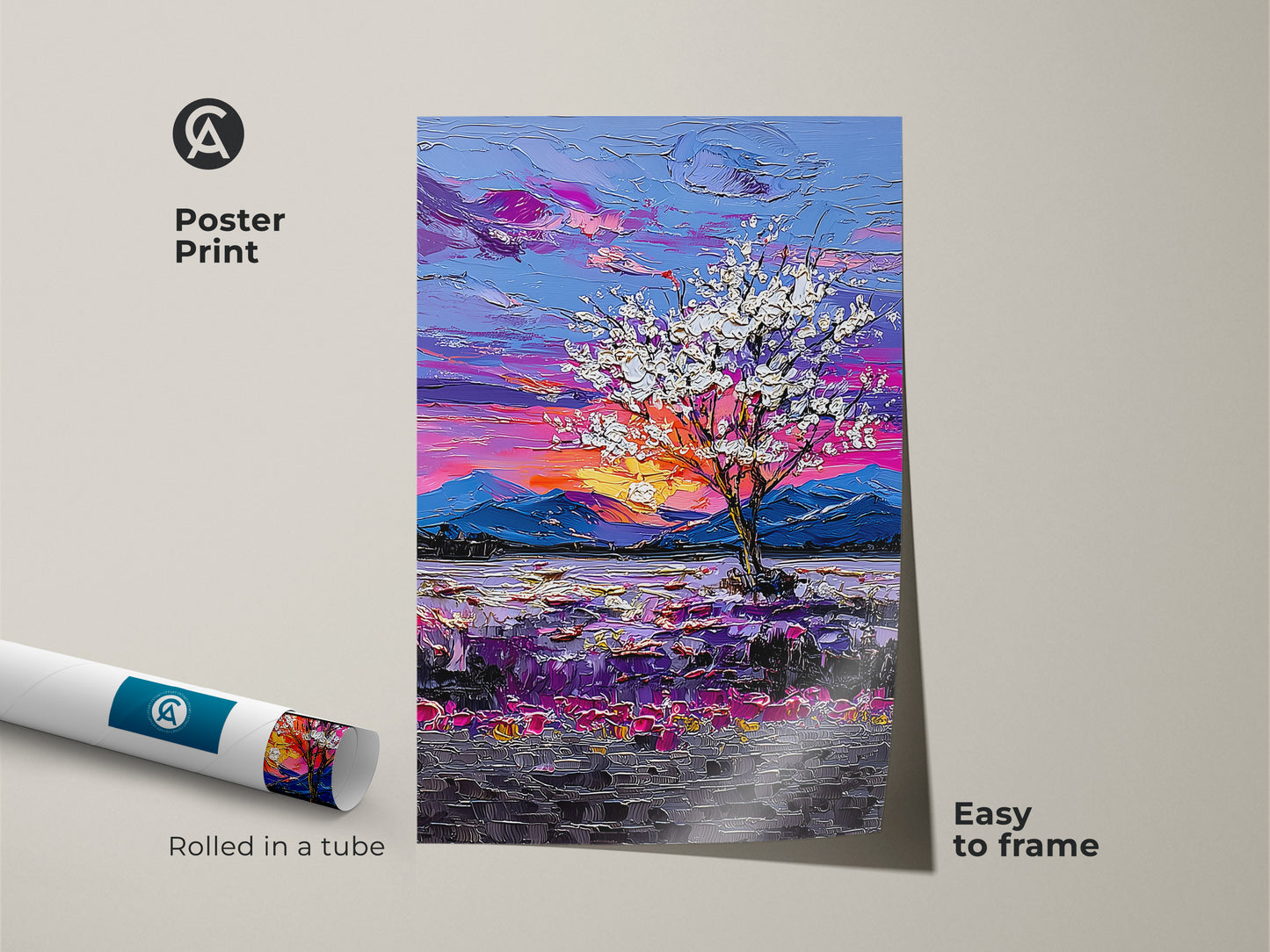 Discover our Botanical Tree Poster Print an impressionist purple sunset landscape. This easy to frame artwork adds a touch of nature to your decor. Rolled in a tube this print is perfect for adding color to a bedroom.