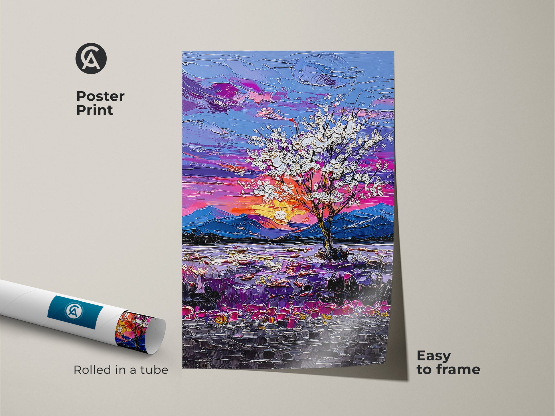 Discover our Botanical Tree Poster Print an impressionist purple sunset landscape. This easy to frame artwork adds a touch of nature to your decor. Rolled in a tube this print is perfect for adding color to a bedroom.