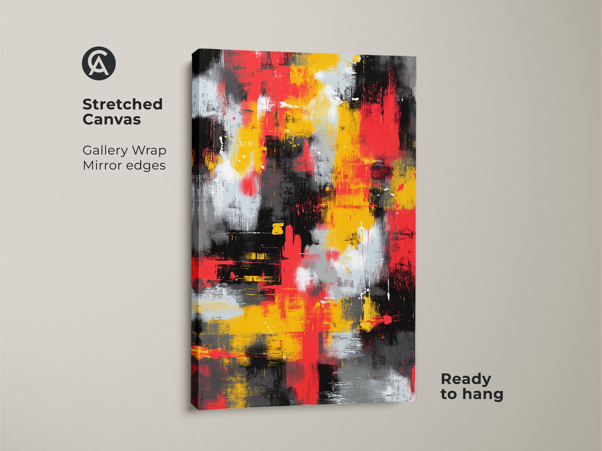 Stretched canvas art with gallery wrap and mirror edges. The abstract artwork has a ready to hang feature. It showcases a striking mix of red yellow black and white paint. Ideal for modern art lovers seeking a contemporary touch. Transform your space with this unique canvas art.