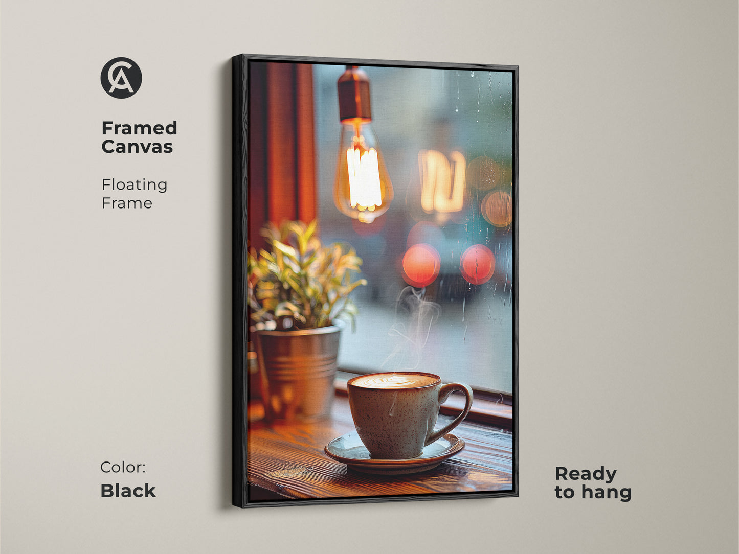 Framed canvas with a black floating frame showcasing a Scandinavian coffee art print. The latte art decor adds a cozy touch to any room. Ready to hang this piece brings hygge to your home decor. Perfect for coffee enthusiasts.
