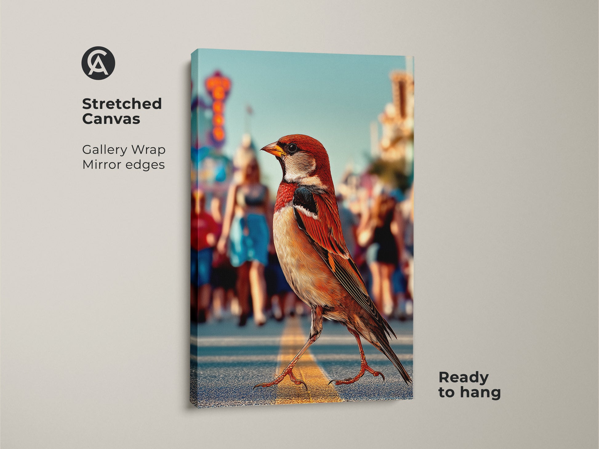 Urban wildlife canvas art showing a sparrow on a city street ready to hang. This stretched canvas print features a gallery wrap and mirror edges. The photorealistic bird artwork uses orange brown teal colors ideal as contemporary home decor for a modern entryway.