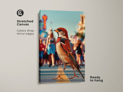 Urban wildlife canvas art showing a sparrow on a city street ready to hang. This stretched canvas print features a gallery wrap and mirror edges. The photorealistic bird artwork uses orange brown teal colors ideal as contemporary home decor for a modern entryway.