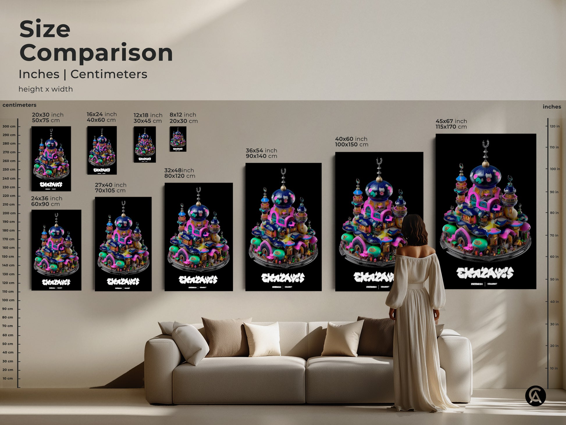 A size comparison showcases the dimensions of this surreal mosque fantasy town artwork. Inches and centimeters are included this teal pink blue fantasy art fits perfectly above a couch. Choose the ideal size for your abstract architecture decor.