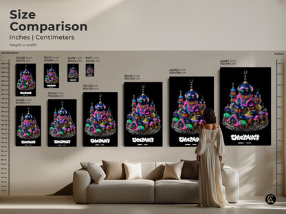 A size comparison showcases the dimensions of this surreal mosque fantasy town artwork. Inches and centimeters are included this teal pink blue fantasy art fits perfectly above a couch. Choose the ideal size for your abstract architecture decor.