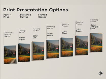 Explore various print presentation options for golf course art featuring an American flag. Choose from poster prints stretched canvases or framed canvases. Find the perfect style to match your decor needs.