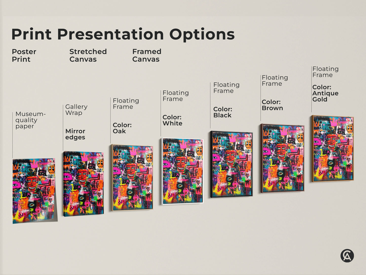 Explore print presentation options for modern graffiti artwork. Choose from poster prints stretched canvas and framed canvas. Each option showcases colorful faces and symbols. Find the perfect style for your space.