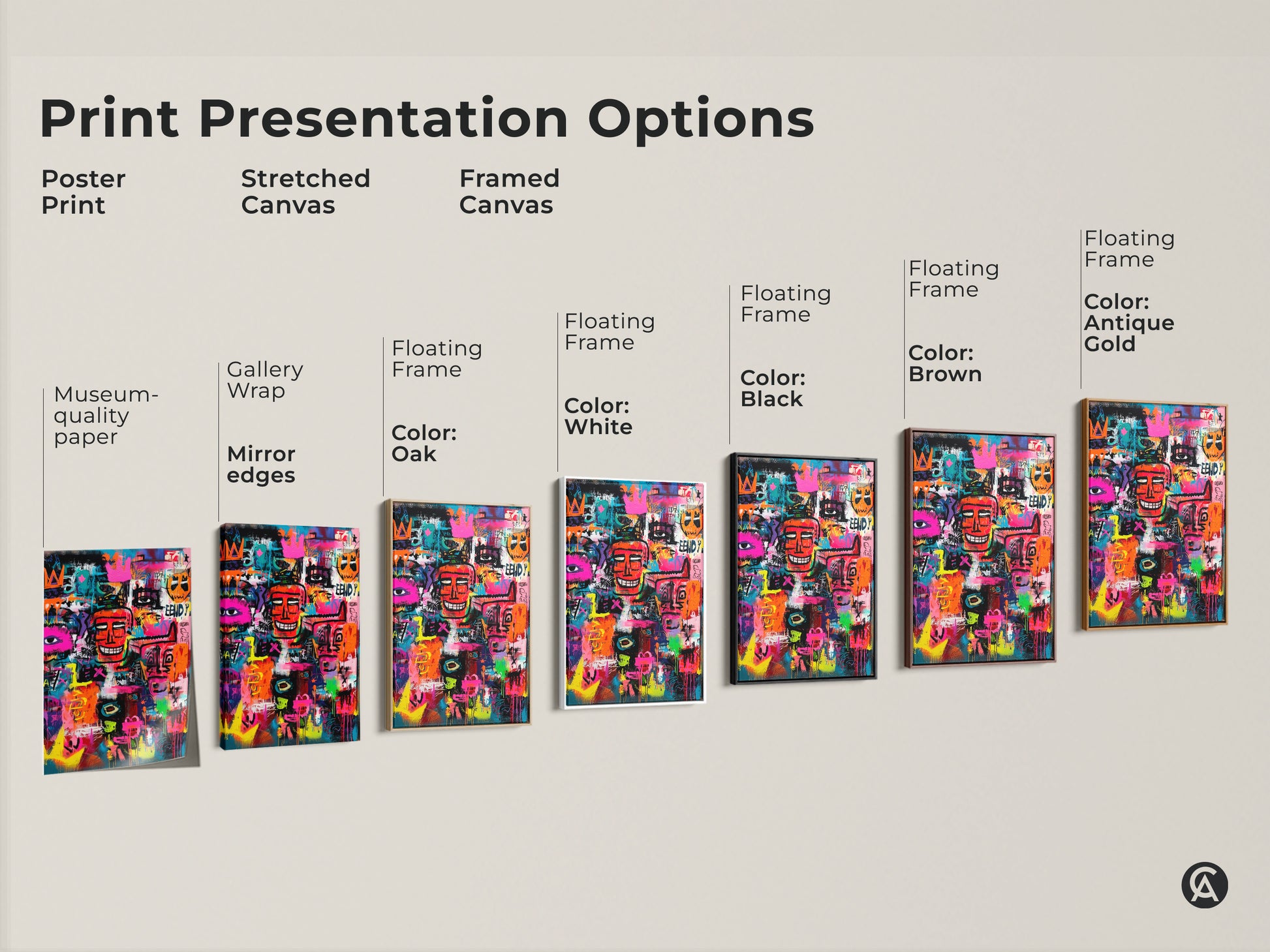 Explore print presentation options for modern graffiti artwork. Choose from poster prints stretched canvas and framed canvas. Each option showcases colorful faces and symbols. Find the perfect style for your space.