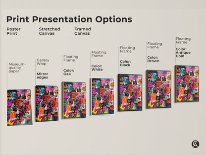 Explore print presentation options for modern graffiti artwork. Choose from poster prints stretched canvas and framed canvas. Each option showcases colorful faces and symbols. Find the perfect style for your space.