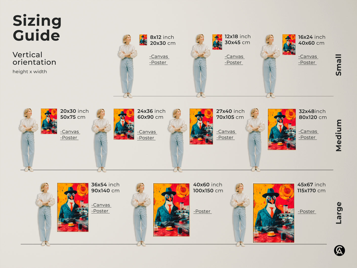 Sizing guide for the vertical penguin barista canvas and poster art. Sizes range from small medium and large. Great office wall decor or a unique gift for coffee lovers. This teal orange abstract art makes a statement. Pick the perfect size for any space.