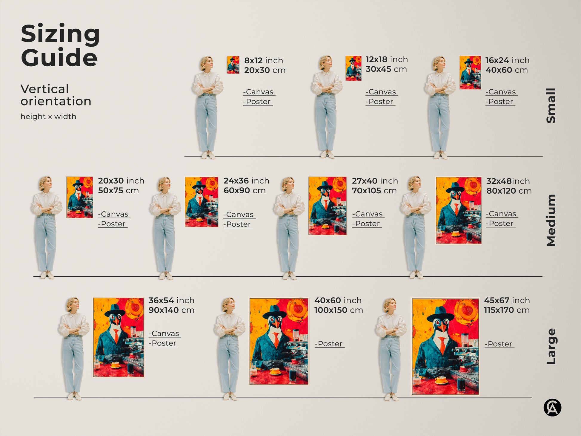 Sizing guide for the vertical penguin barista canvas and poster art. Sizes range from small medium and large. Great office wall decor or a unique gift for coffee lovers. This teal orange abstract art makes a statement. Pick the perfect size for any space.
