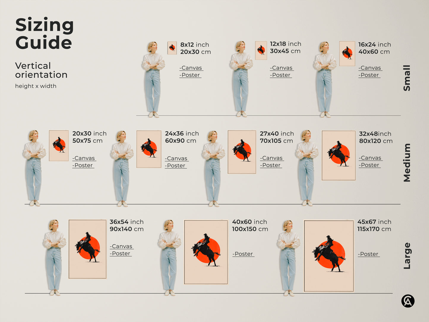 Sizing guide for minimalist western art prints. Visuals show different sizes for canvas and posters. Find the ideal fit for your space. Transform your modern farmhouse with cowboy silhouette artwork.
