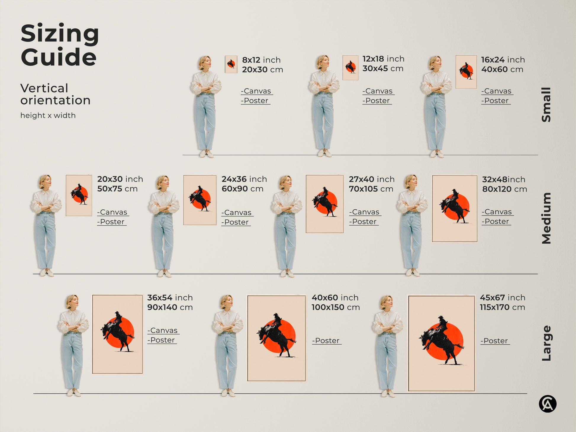 Sizing guide for minimalist western art prints. Visuals show different sizes for canvas and posters. Find the ideal fit for your space. Transform your modern farmhouse with cowboy silhouette artwork.