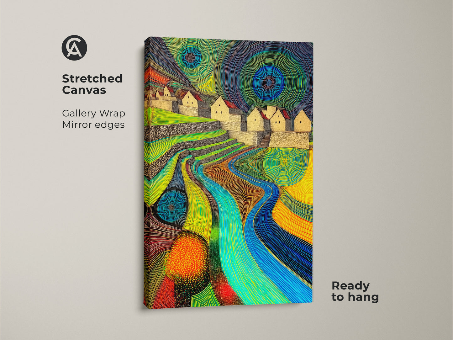 This is a stretched canvas abstract landscape artwork. It displays terraced hills and a flowing river in vibrant green blue and yellow hues. The gallery wrap and mirrored edges make it ready to hang for eclectic home decor.