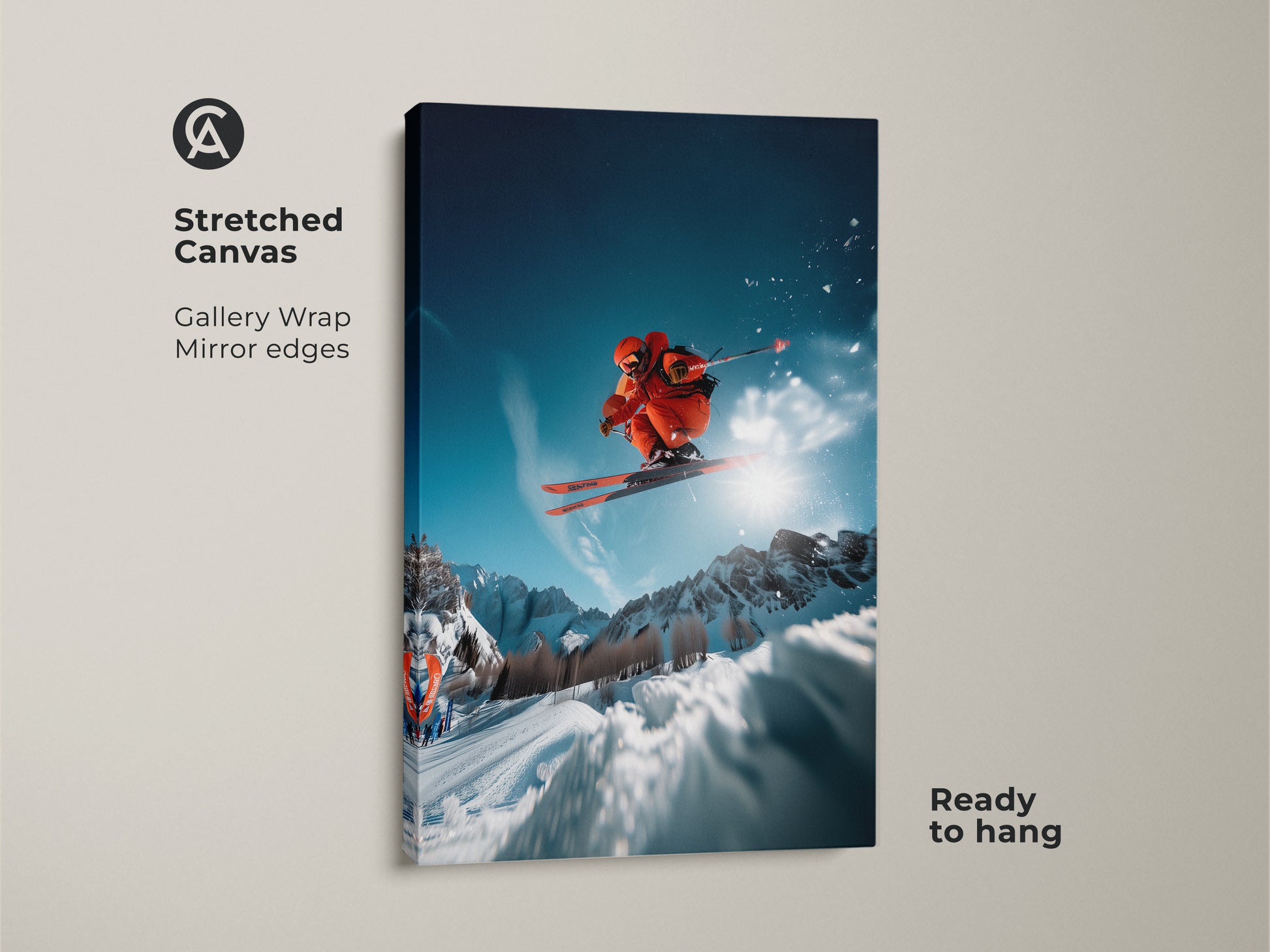 Stretched canvas print of a skier performing a jump. Gallery wrapped with mirrored edges. The vibrant colors and dynamic composition capture the thrill of skiing. Ready to hang this piece brings energy to your space. A must-have for sports art collectors