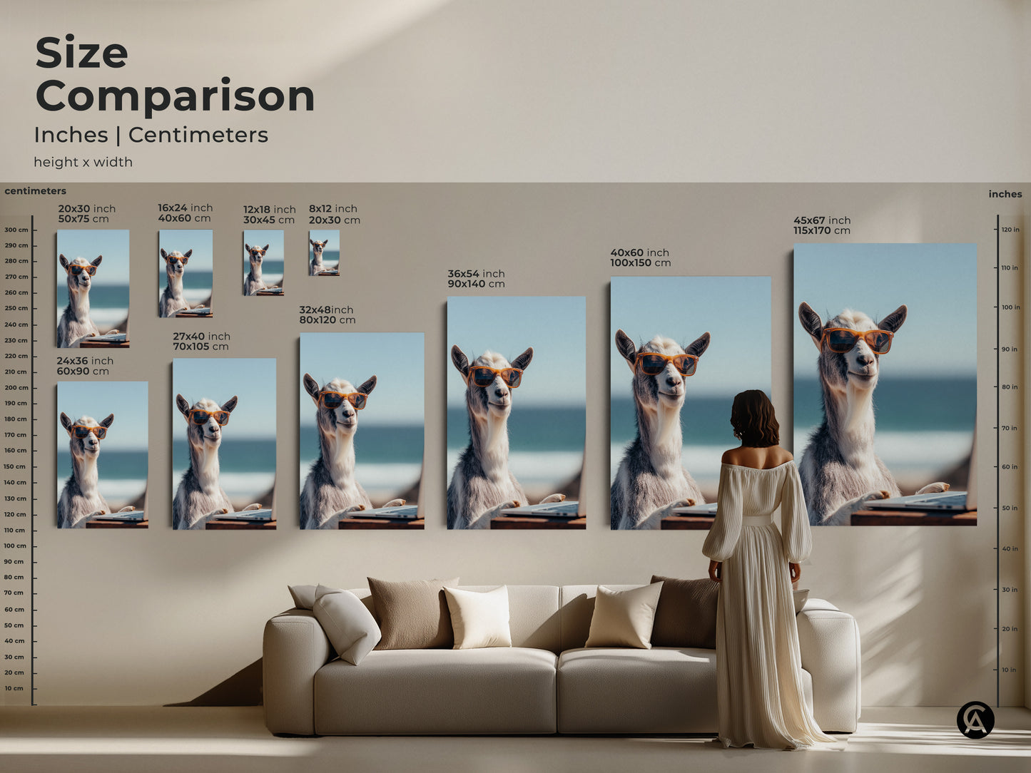 Size comparison of goat canvas art in inches and centimeters. See how the artwork fits above a couch. Visualize the scale of this coastal animal print in a living room setting.