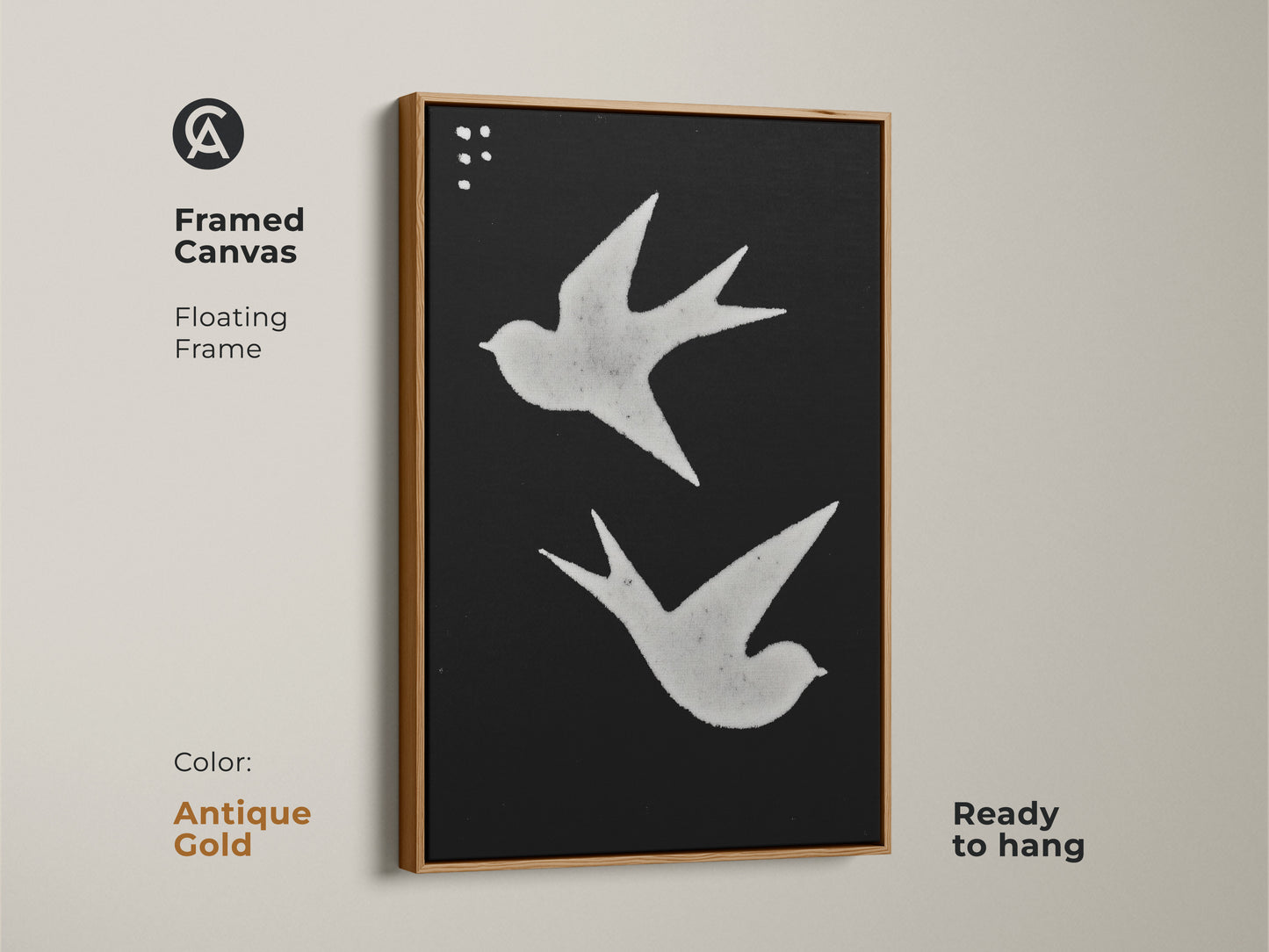 Framed canvas with minimalist dove wall hanging. The black and white art includes a floating frame. Ready to hang Scandinavian decor suits any room. The abstract nature canvas adds modern folk art. Makes a great gift.