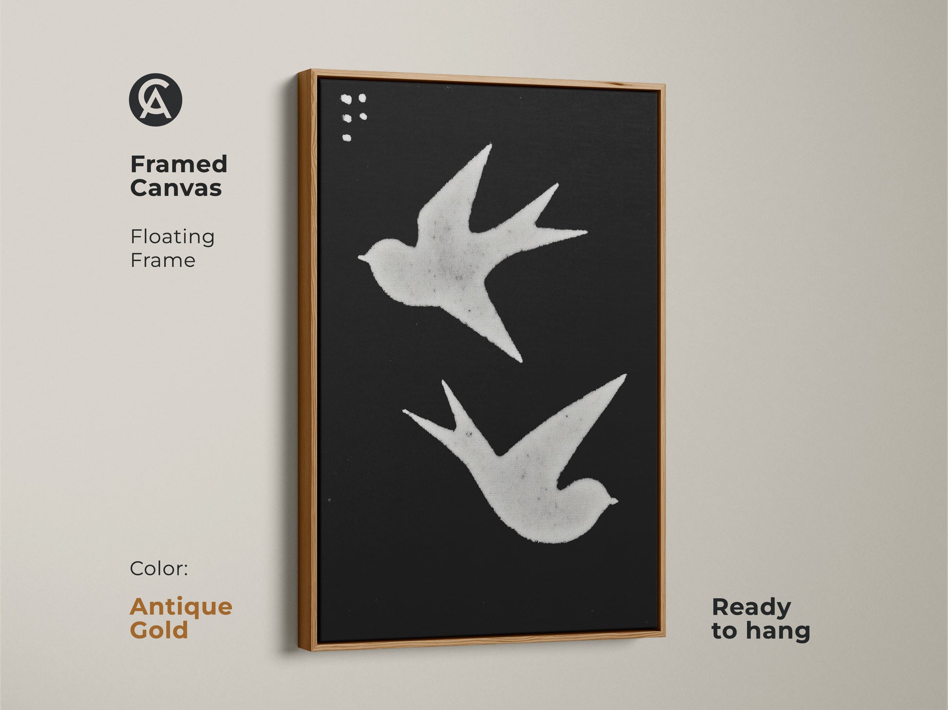 Framed canvas with minimalist dove wall hanging. The black and white art includes a floating frame. Ready to hang Scandinavian decor suits any room. The abstract nature canvas adds modern folk art. Makes a great gift.