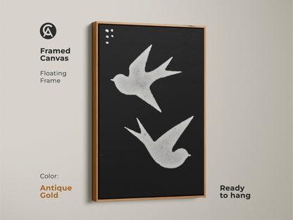 Framed canvas with minimalist dove wall hanging. The black and white art includes a floating frame. Ready to hang Scandinavian decor suits any room. The abstract nature canvas adds modern folk art. Makes a great gift.