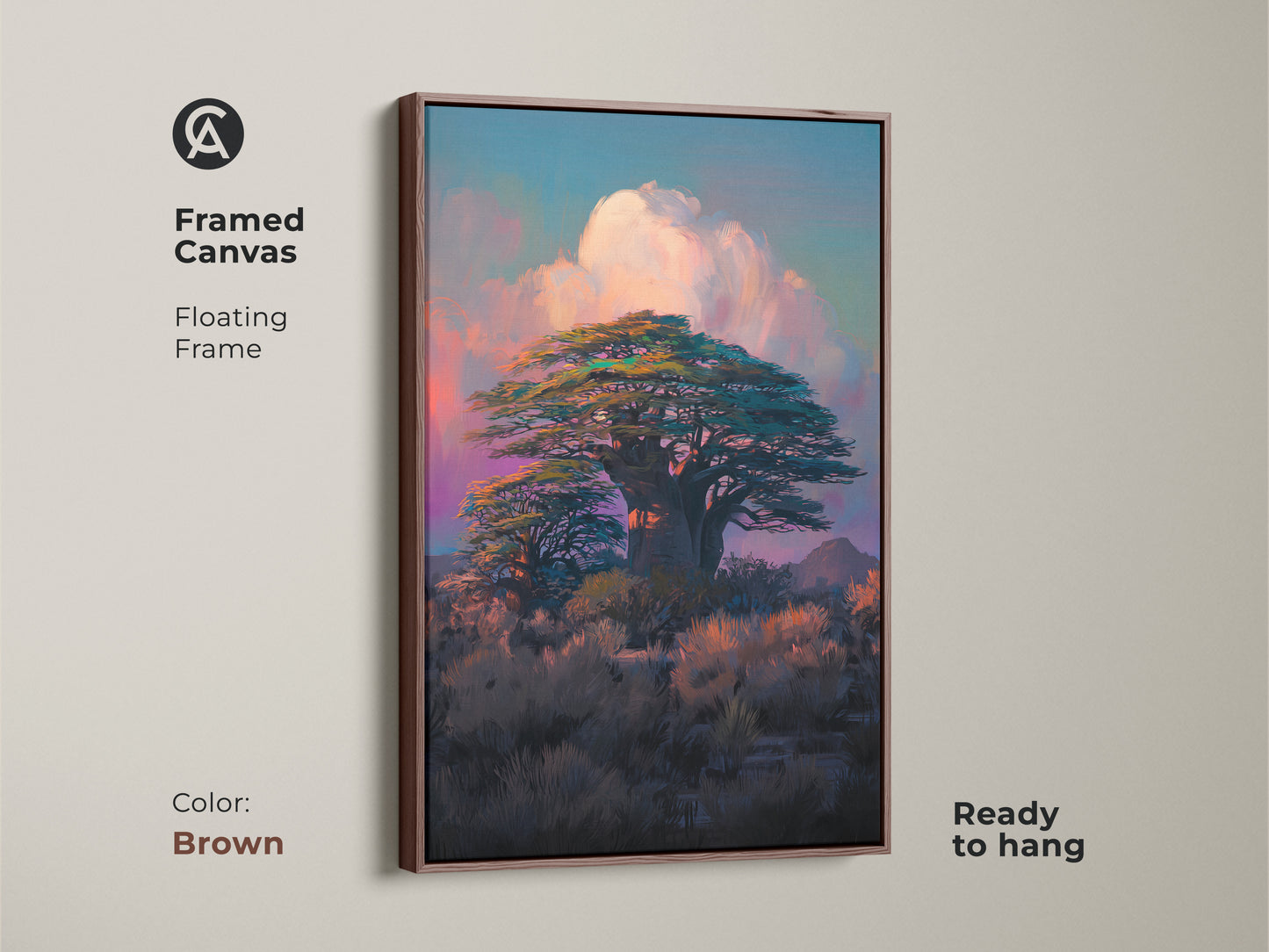 Brown framed canvas with a floating frame features a Baobab tree. This teal and pink canvas print is ready to hang. Showcase a unique landscape wall art for your living room decor.