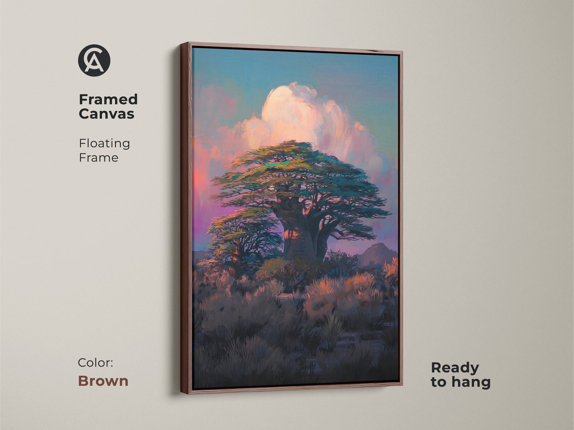 Brown framed canvas with a floating frame features a Baobab tree. This teal and pink canvas print is ready to hang. Showcase a unique landscape wall art for your living room decor.