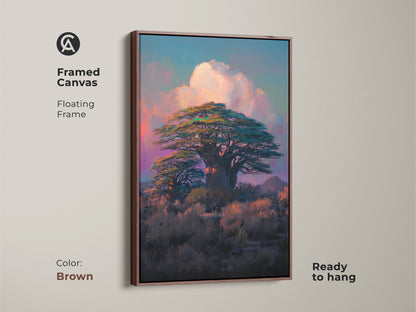 Brown framed canvas with a floating frame features a Baobab tree. This teal and pink canvas print is ready to hang. Showcase a unique landscape wall art for your living room decor.