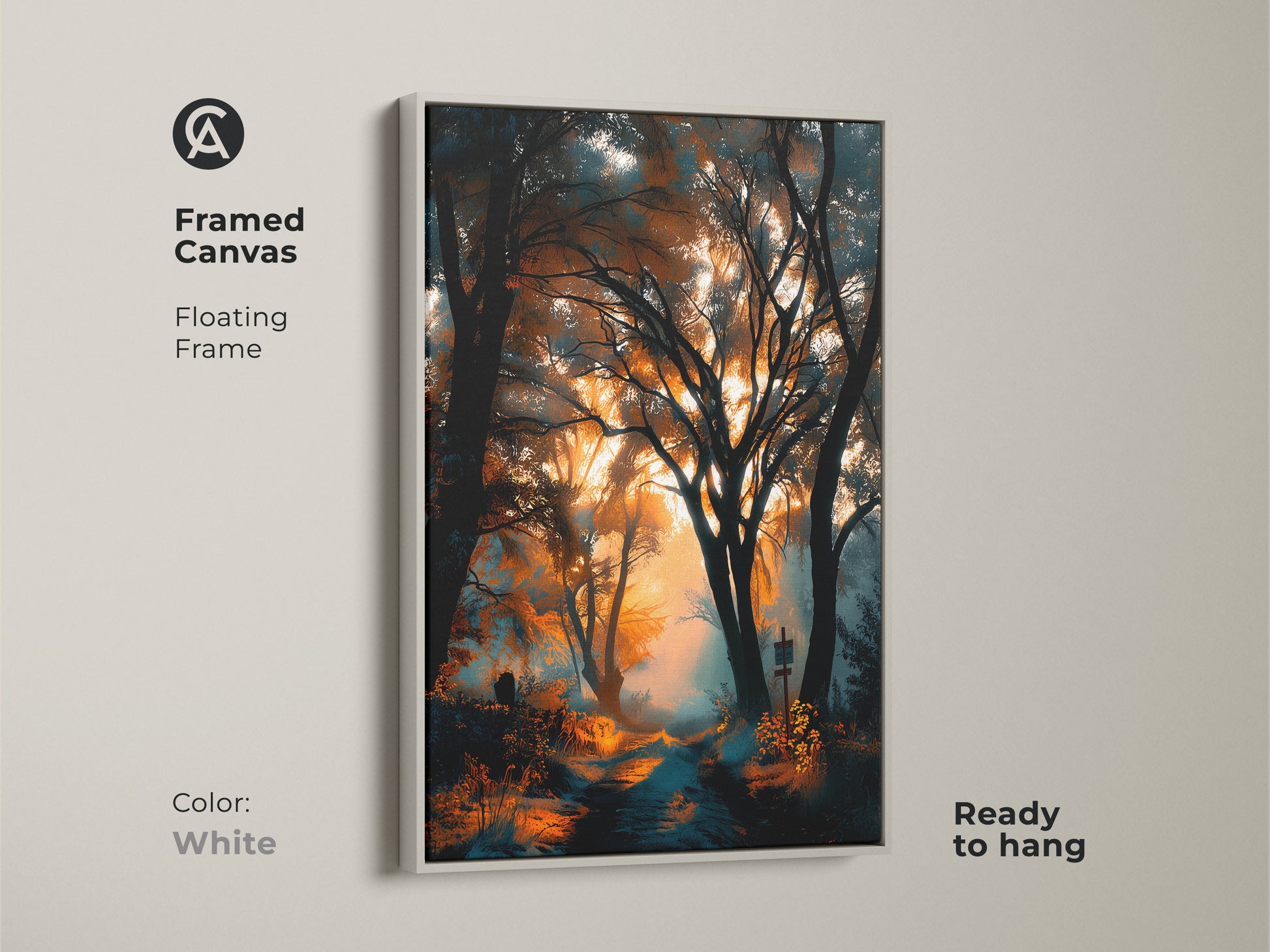 White framed canvas artwork featuring a forest path. The clean white frame offers a fresh look. The floating frame provides a modern feel. Ready to hang. A versatile artwork.