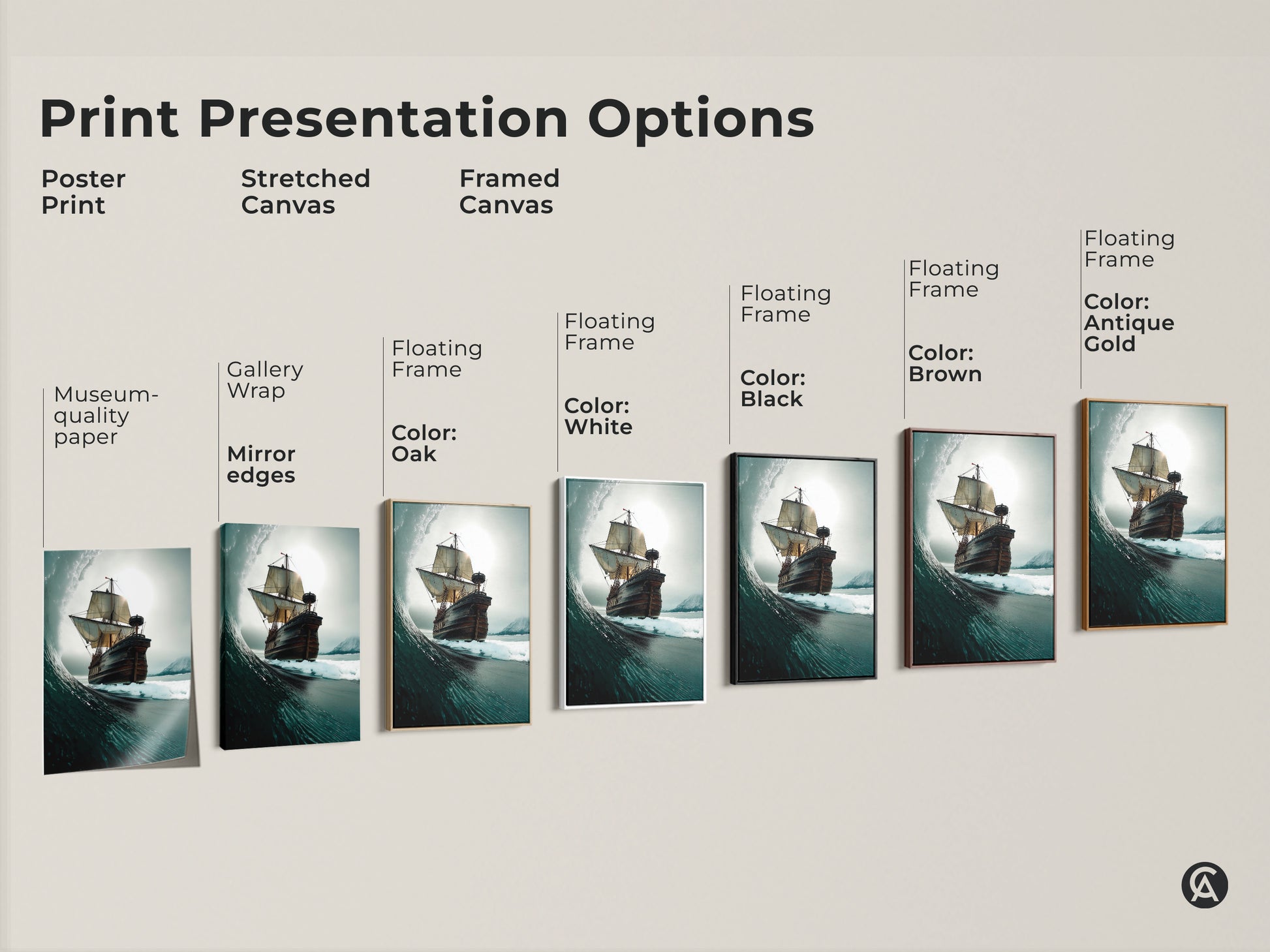 Explore Tall Ship Ocean Wave Canvas Art options. We offer Poster Prints Stretched Canvas and Framed Canvas. Floating frames are available in Oak White Black Brown and Antique Gold to match your Coastal home decor.
