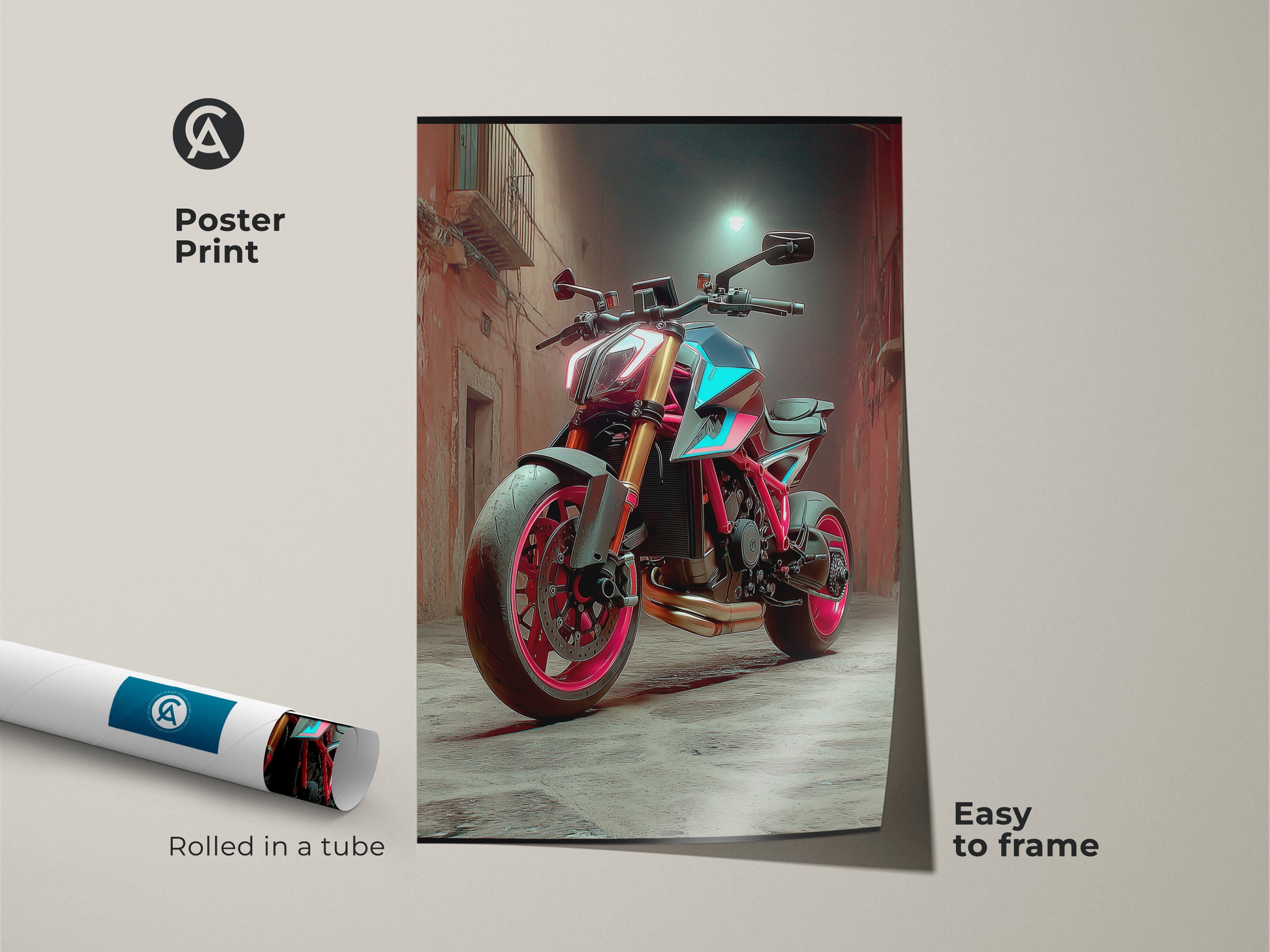 Cyberpunk Motorcycle as a poster print. The neon street art is easy to frame. This is a modern vehicle art print. The futuristic bike has vibrant red pink and teal colors. Consider as a gift for motorcycle lovers.
