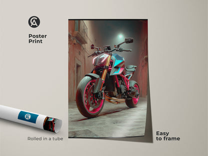 Cyberpunk Motorcycle as a poster print. The neon street art is easy to frame. This is a modern vehicle art print. The futuristic bike has vibrant red pink and teal colors. Consider as a gift for motorcycle lovers.