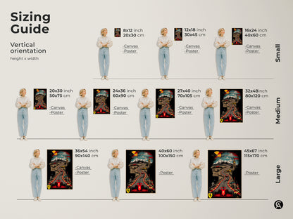 Sizing guide for Ferrari race car canvas art. See how the art fits in different room sizes. Visuals show small to large canvas and poster sizes. Find your perfect size today