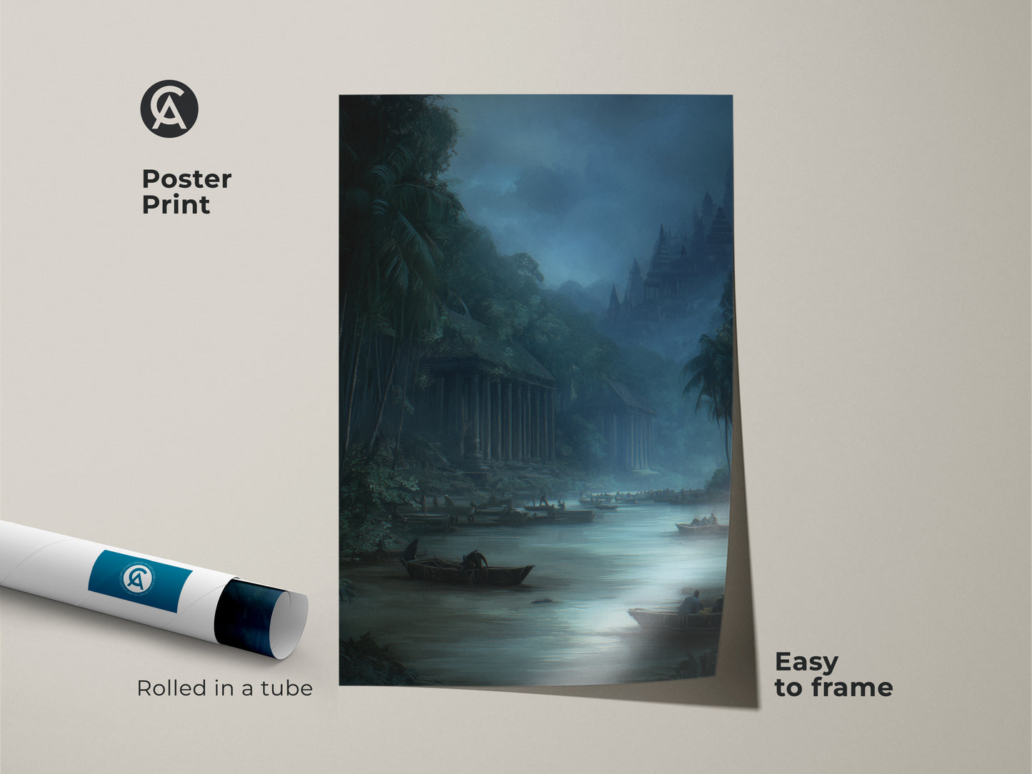 Poster Print of a traditional river scene with boats rolled in a tube. The misty grey landscape canvas art has deep blue and dark teal accents. Easy to frame this historical painting is a gift for travel enthusiasts.