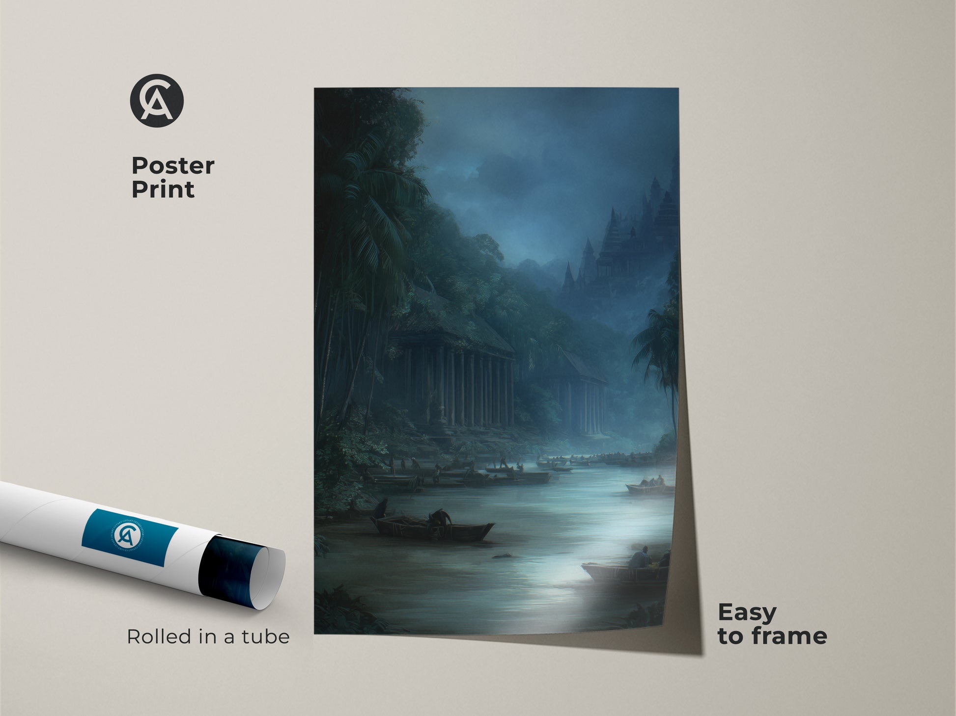 Poster Print of a traditional river scene with boats rolled in a tube. The misty grey landscape canvas art has deep blue and dark teal accents. Easy to frame this historical painting is a gift for travel enthusiasts.