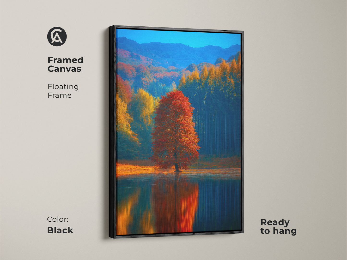 Framed canvas of an autumn lake landscape. A red tree reflects beautifully. The impressionistic fall nature artwork comes ready to hang. Black floating frame enhances the art. Ideal for living rooms. This nature-inspired print adds elegance to any space.